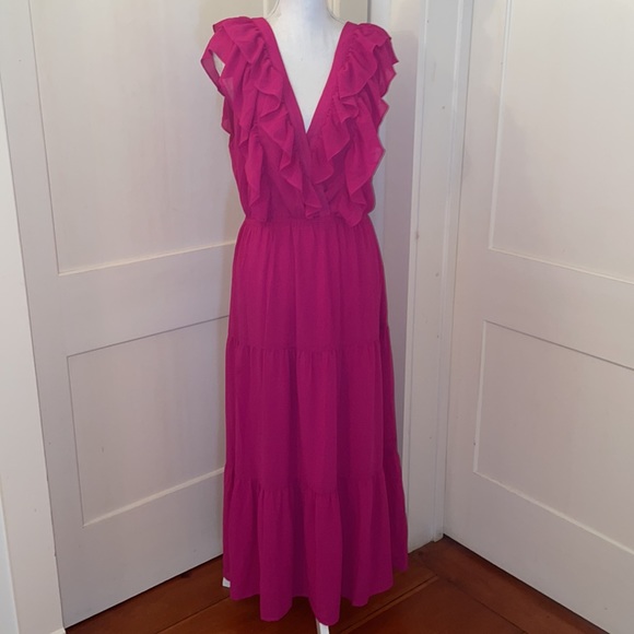 Wayf Magenta Ruffle Midi Dress - Picture 2 of 9